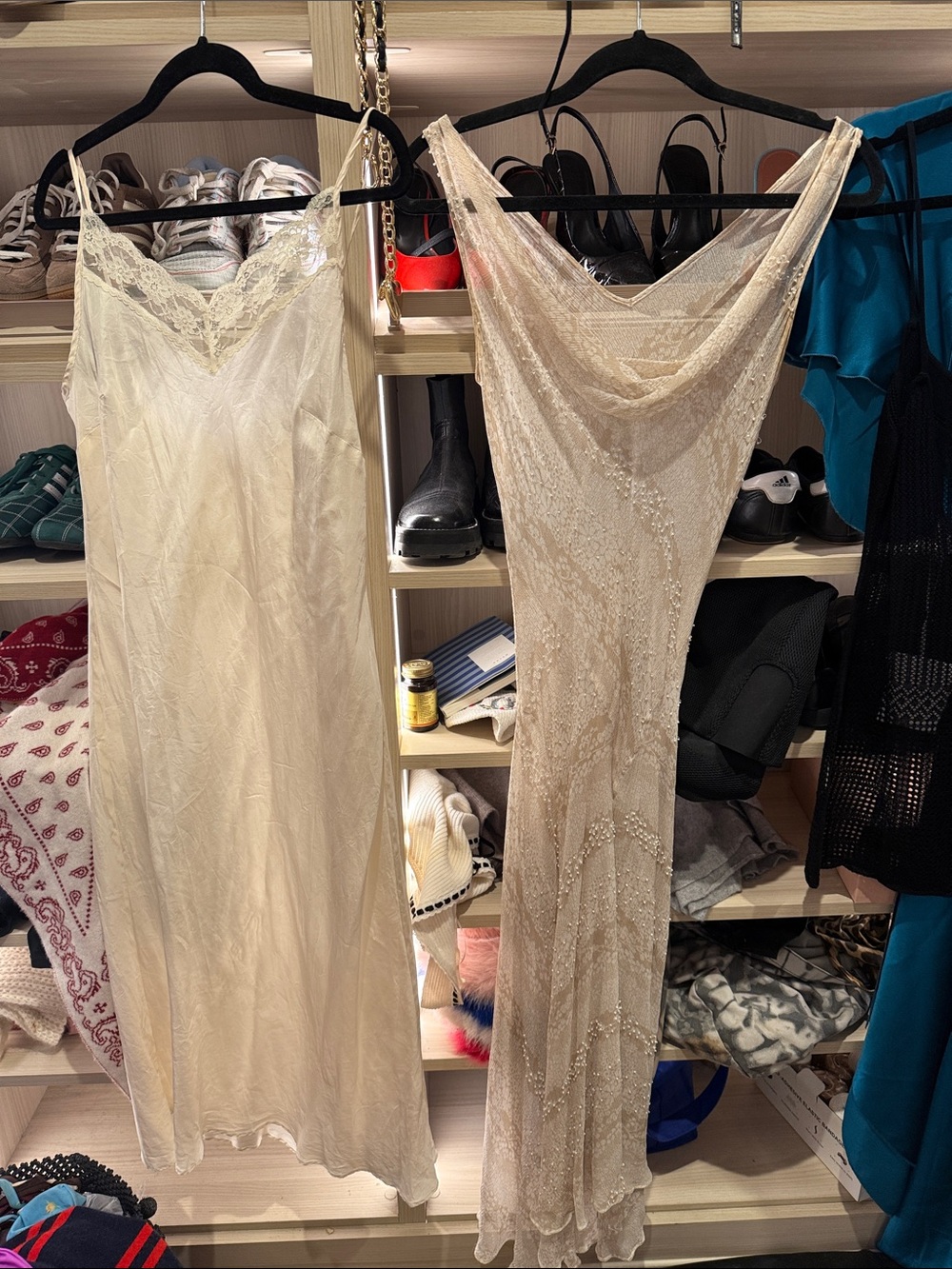 Cream Lace & Beaded Maxi Dress Duo — Elegant Slip and Draped Gown